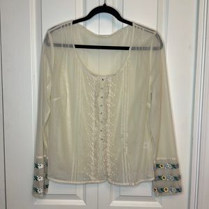 J. JILL Vintage Off White Sheer See Through Embroidered Detail Snap Down